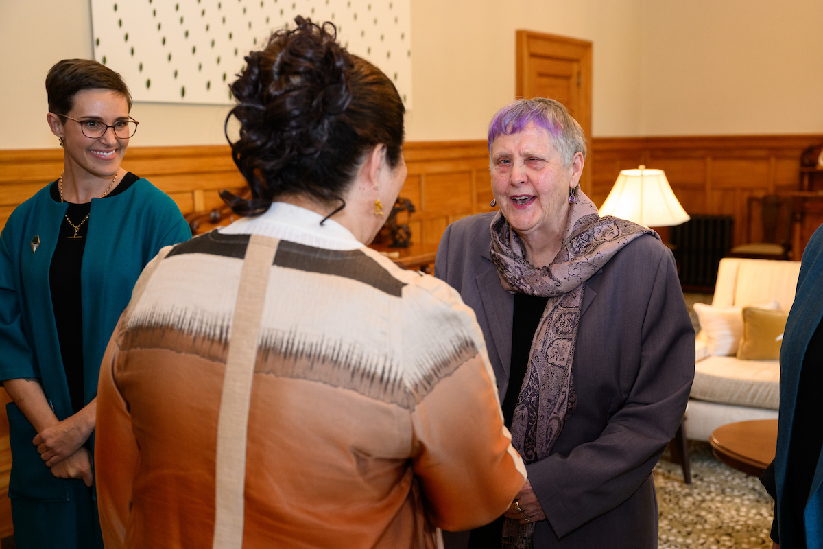At left, Arts Access Aotearoa Chair Vic Crockford smiles as Her Excellency the Governor General greets Robyn Hunt 